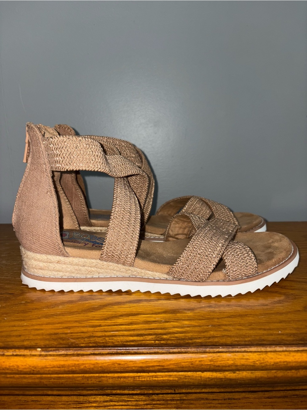 BOBS from Sketchers Woven Strappy Platform Espadrille Sandals Tan Taupe Size 8.5 - Picture 10 of 16